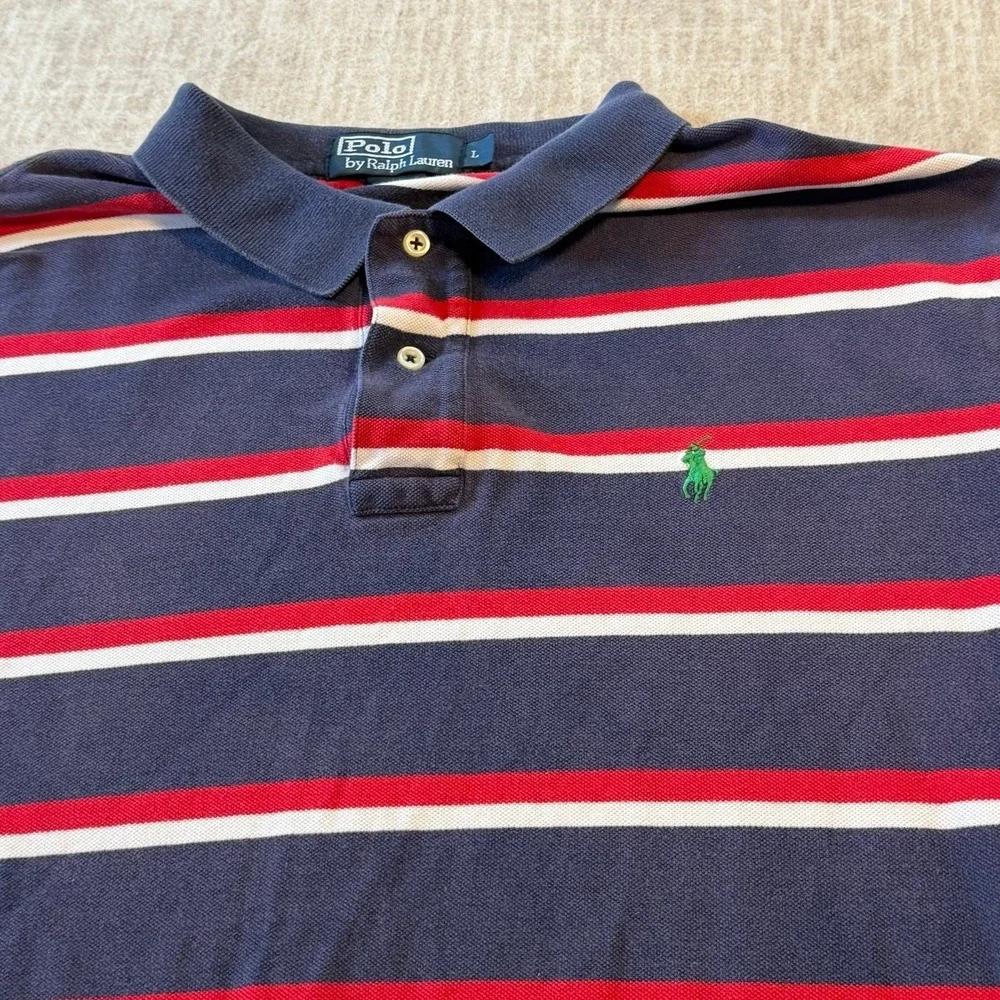 Vintage Polo‎ Ralph Lauren Striped Polo Shirt Men's L Blue Red White Classic